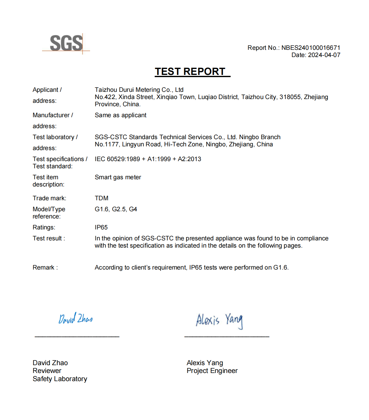 IP65 CERTIFICATE OF SMART GAS METER
